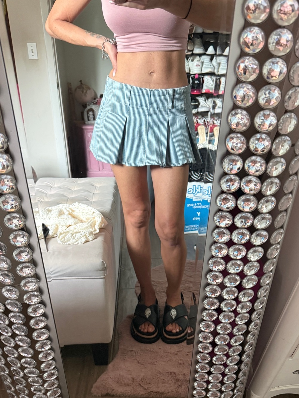 Almost Famous Light Blue Pinstripe Pleated Mini Skirt